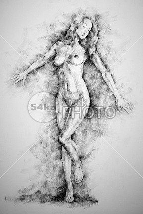 Black and white drawing vintage woman nude Beautiful Girl Standing Pose Drawing Classical Art Drawing 54ka Stockphoto