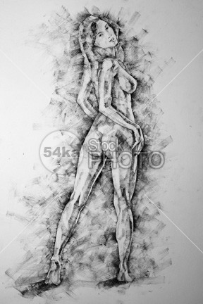 Black and white drawing vintage woman nude Girl Looking Over Shoulder Drawing Classical Art Drawing 54ka Stockphoto